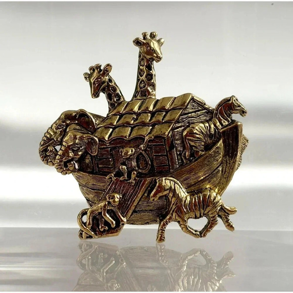Noah's Ark Vintage Gold T Avon Brooch w/ Giraffes, Elephants, Zebras & Monkeys - Picture 1 of 10